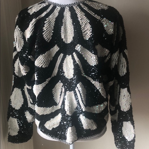 100% Pure Silk Sequin Black and White Jacket - Picture 3 of 4